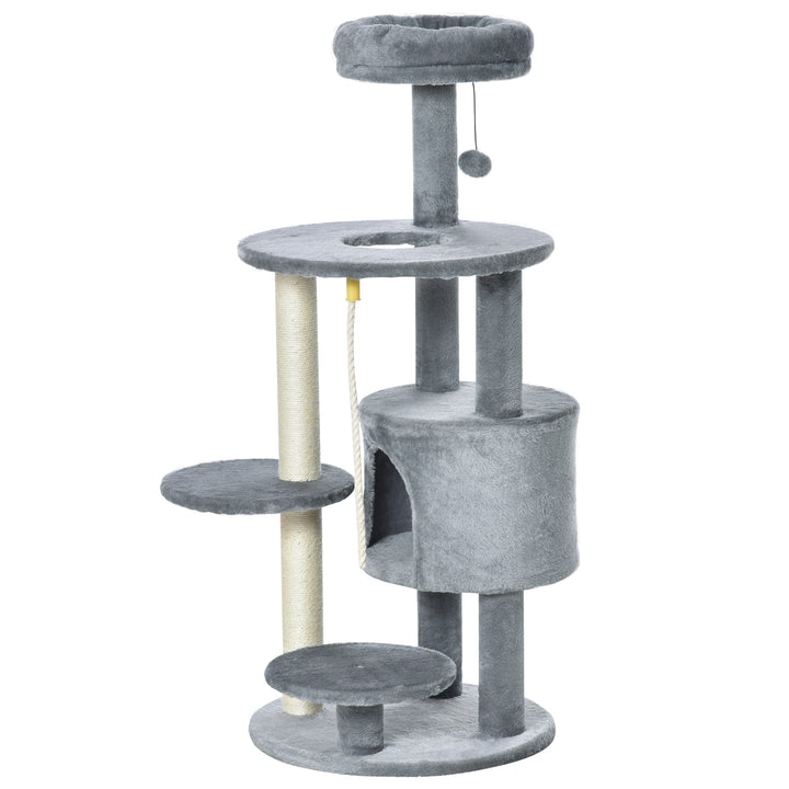 PawHut Cat Tree Tower, 112cm, with Jute Scratching Post, Perch, Hanging Ball, Teasing Rope for Climbing Kittens, Dark Grey | Aosom UK