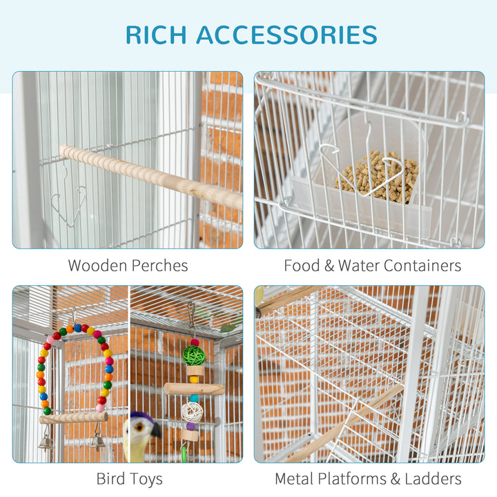 Large Bird Cage Budgie Cage 3 Tier Aviary with Stand Wheels, Toys, Ladders, Shelf for Canaries, Finches, Cockatiels, Parakeets - White