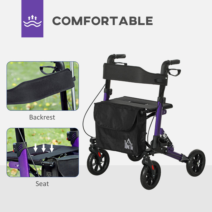 Folding Rollator Walker with Seat, Backrest, Lightweight Walking Frame with Storage Bag, Dual Brakes, Adjustable Handle Height, Suspension System, 4 Wheeled Walker for Seniors, Purple