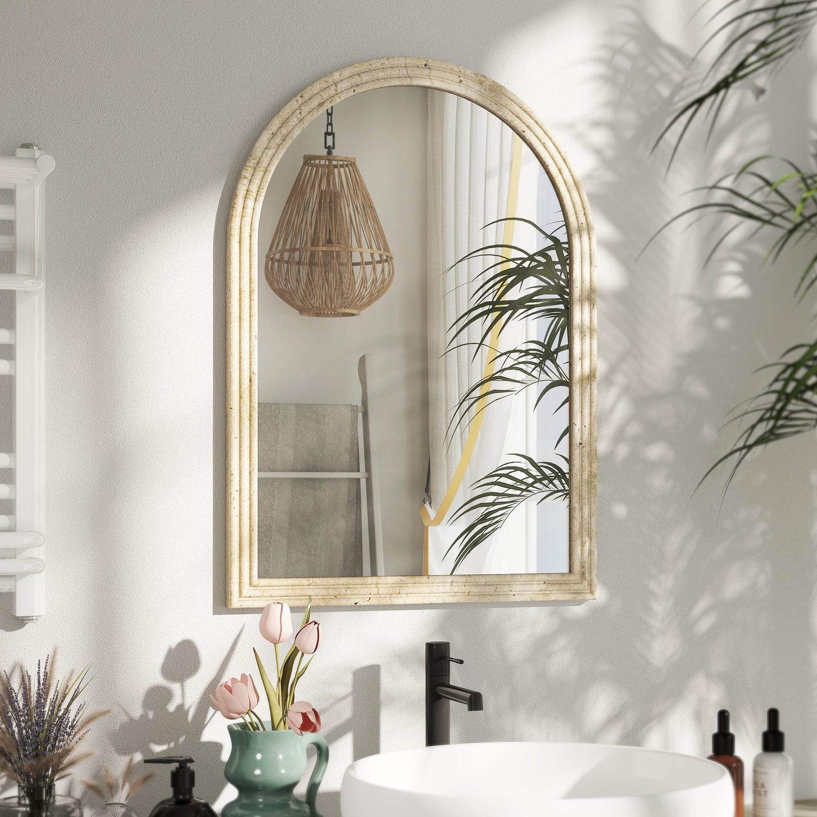 Arched Wall Mirror with Grooved Edge & Hooks, Wall-Mounted Mirror, Mod