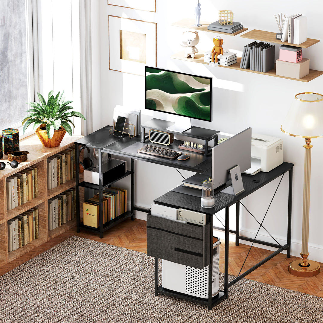 168cm Reversible L Shaped Desk, Industrial Corner Computer Desk with Adjustable Shelf and Storage Bag, 240cm 2 Person PC Table with Monitor Stand, Black
