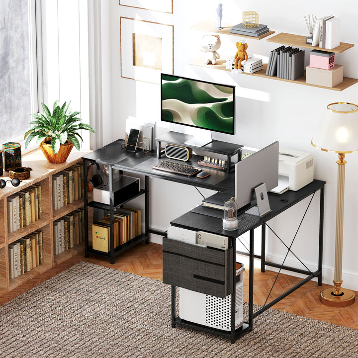 168cm Reversible L Shaped Desk, Industrial Corner Computer Desk with Adjustable Shelf and Storage Bag, 240cm 2 Person PC Table with Monitor Stand, Black