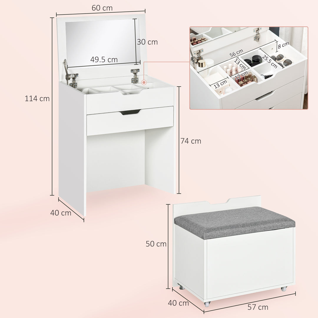 MCL Dressing Table with Flip-up Mirror and Storage Stool, Vanity Table with Drawer and Hidden Compartments for Bedroom, Living Room, White