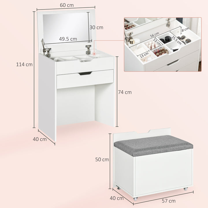 MCL Dressing Table with Flip-up Mirror and Storage Stool, Vanity Table with Drawer and Hidden Compartments for Bedroom, Living Room, White
