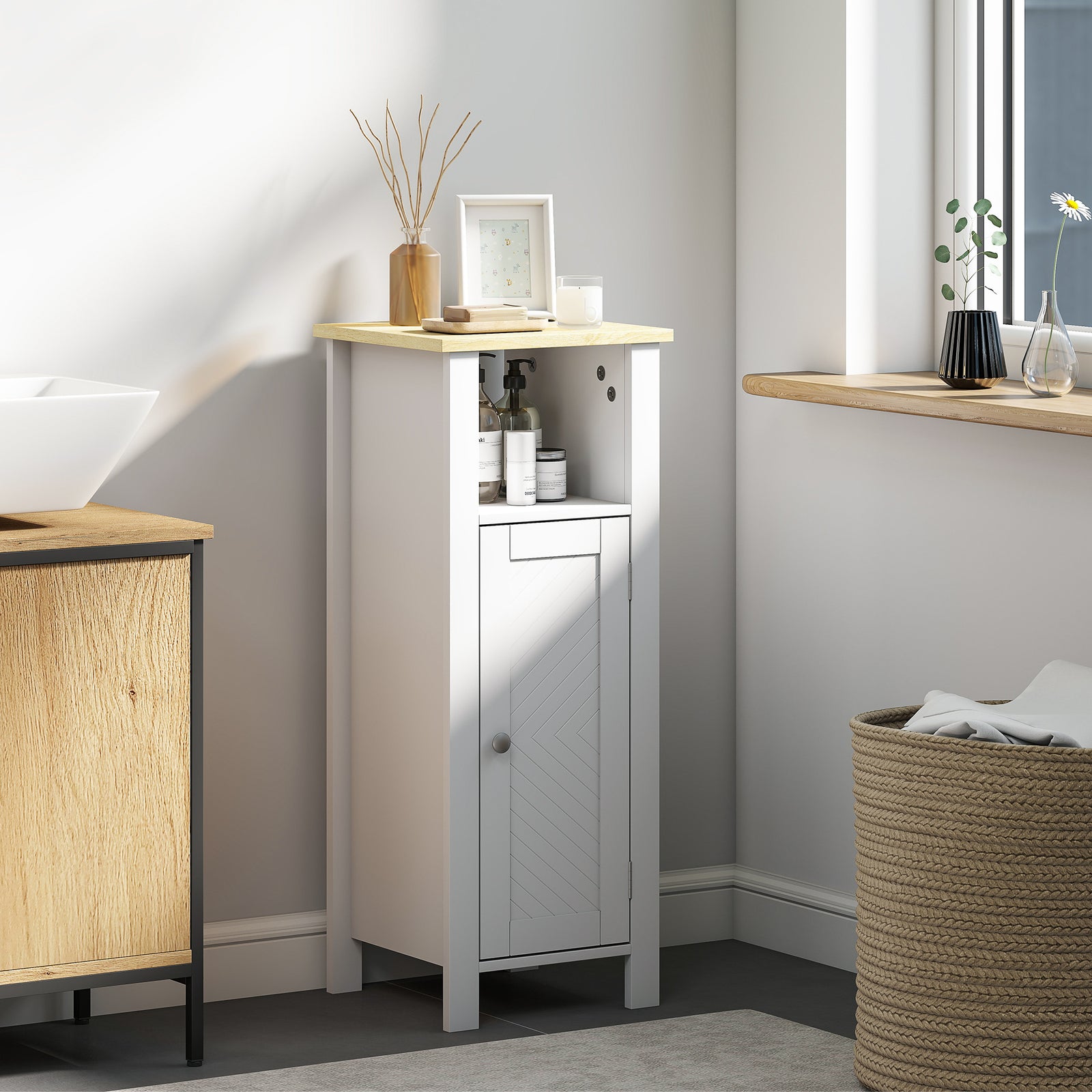 Slim Bathroom Storage Unit with Open Shelf, Bathroom Storage Cabinet with Adjustable Shelf, 32 x 30 x 80 cm, White