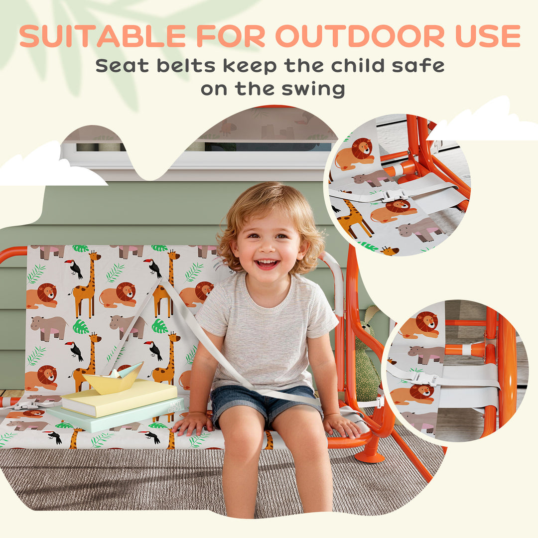 Kids Porch Swing, 2-Seater Patio Swing Bench Hammock with Seat Belts, Adjustable Canopy for Garden - Orange/White