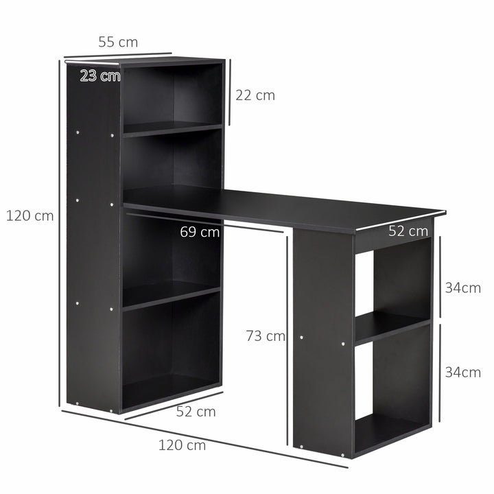 120cm Computer Desk, Wooden PC Laptop Table with 6-Tier Storage Bookshelves, Home Office Working Study Desk, Writing Workstation, Black