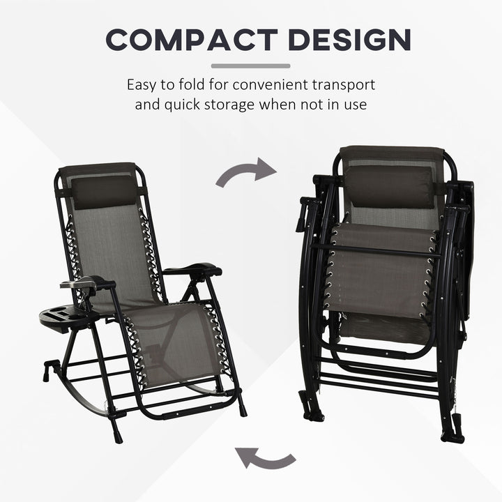 Garden Rocking Chair Folding Recliner Outdoor Adjustable Sun Lounger Rocker Zero-Gravity Seat with Headrest Side Holder Patio Deck - Grey