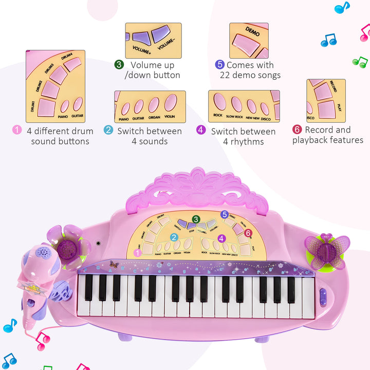 HOMCOM Electronic Organ for Kids, Mini Piano with Microphone and Stool, Interactive Music Play, Purple/Pink | Aosom UK