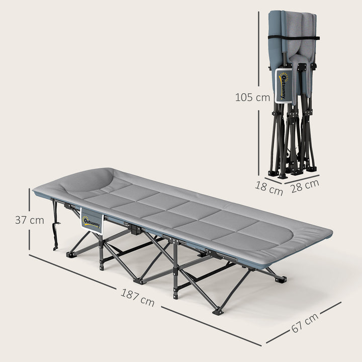 Folding Camping Bed for Adults with Cushion, Heavy Duty Portable Travel Camping Cot with Headrest, Side Pocket and Non-Slip Foot Pads for Outdoor Beach Travel Office, Grey