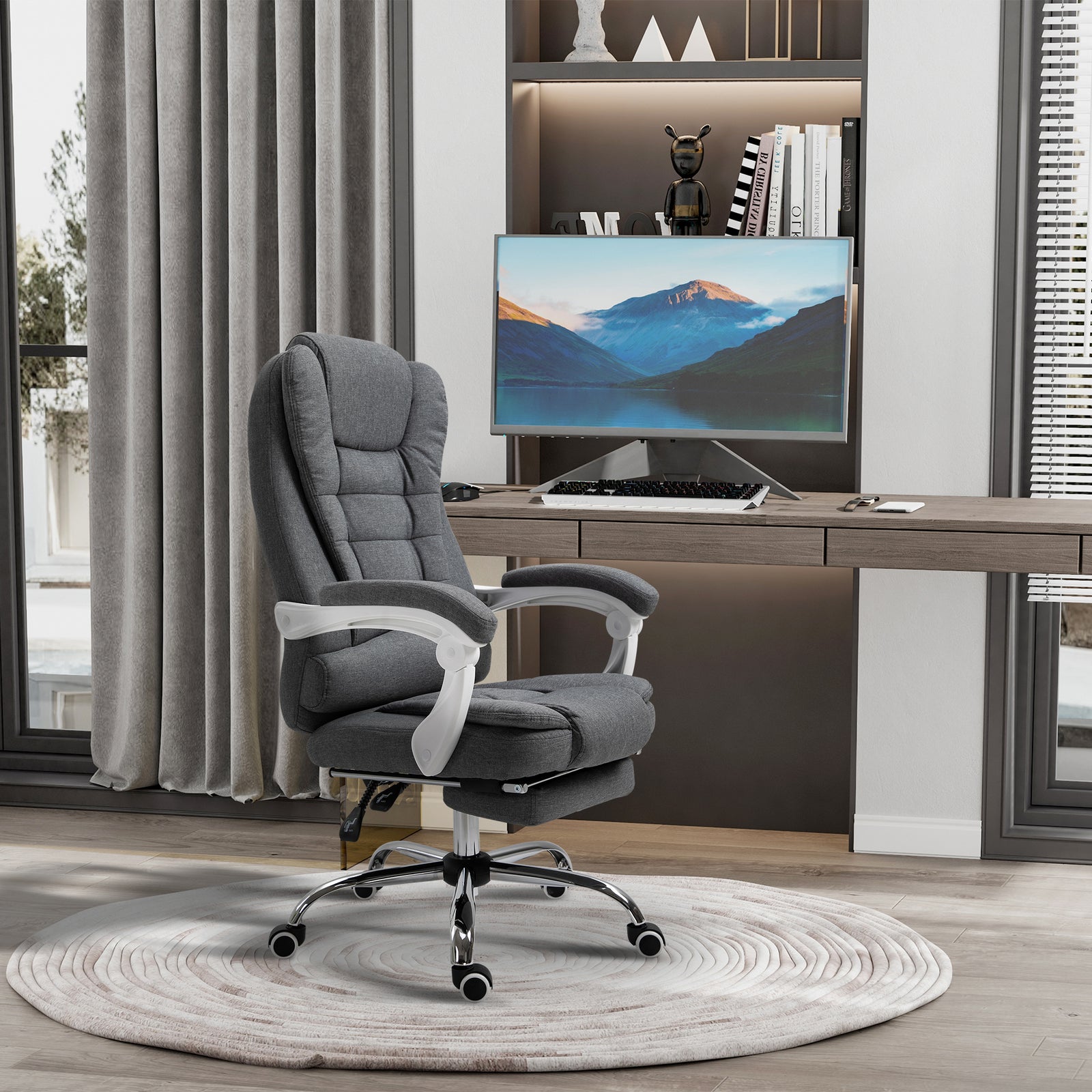 Office Chair, Computer Desk Chair, Linen Fabric Swivel Rolling Task Chair with Large Soft Padded Cushion, 135° Reclining Backrest and Retractable Footrest, Grey