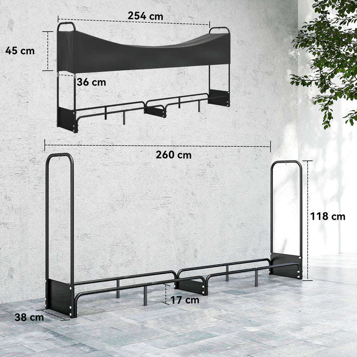 MCL 8.5ft Firewood Rack, Heavy Duty Log Storage Holder with Waterproof 600D Oxford Log Cover for Fireplace Fire Pits Outdoor Patio Wood Storage, 300 kg Large Capacity, Black