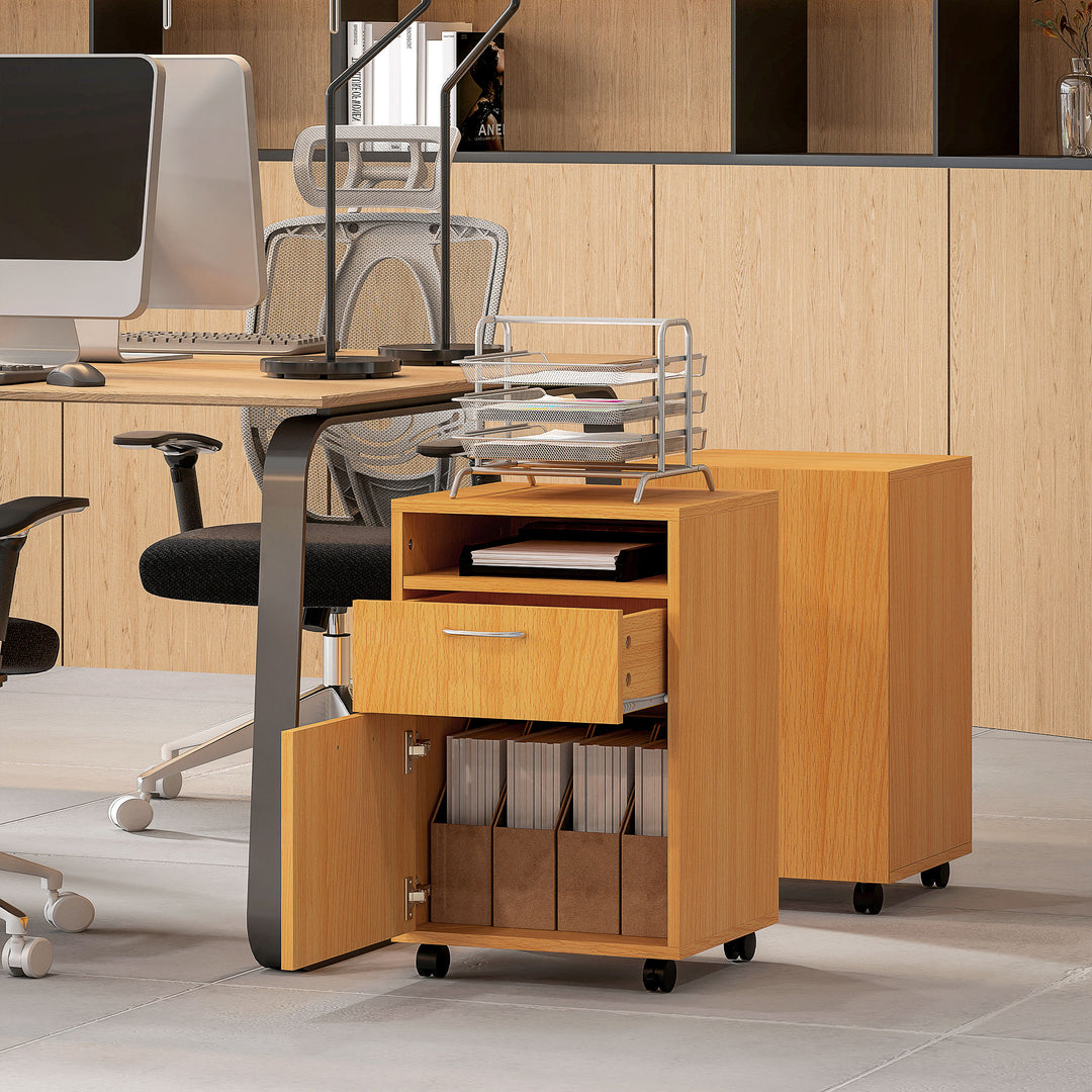 60cm Filing Cabinet with Drawer, Open Shelf, Metal Handles and 4 Wheels, Office Home Organiser Mobile Printer, Natural Wood Finish