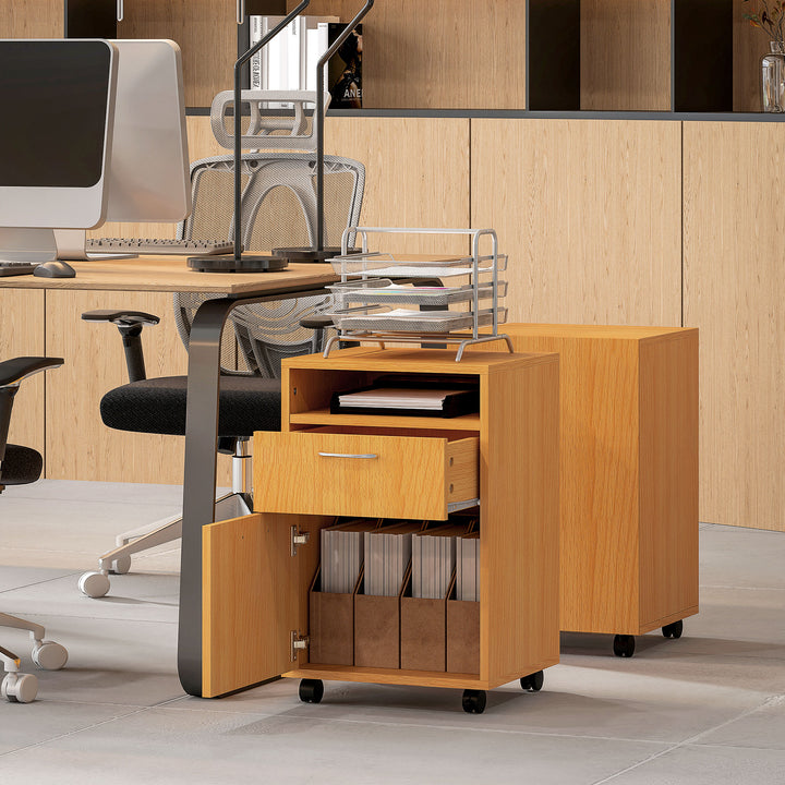 60cm Filing Cabinet with Drawer, Open Shelf, Metal Handles and 4 Wheels, Office Home Organiser Mobile Printer, Natural Wood Finish