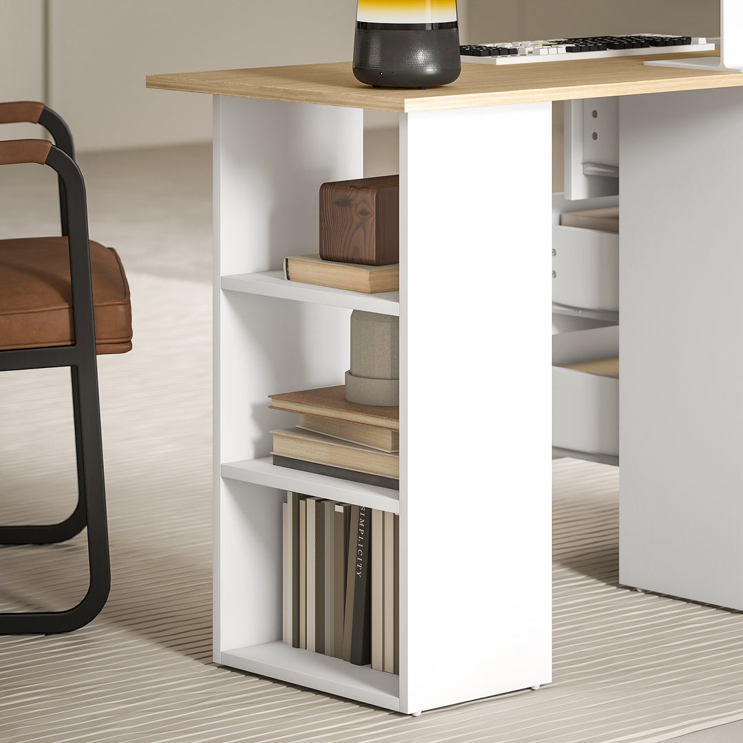 Computer Desk, Writing Table, PC Workstation with 3 Storage Shelves and Drawers, Silver Handle, for Home Office, Natural Wood Finish and White