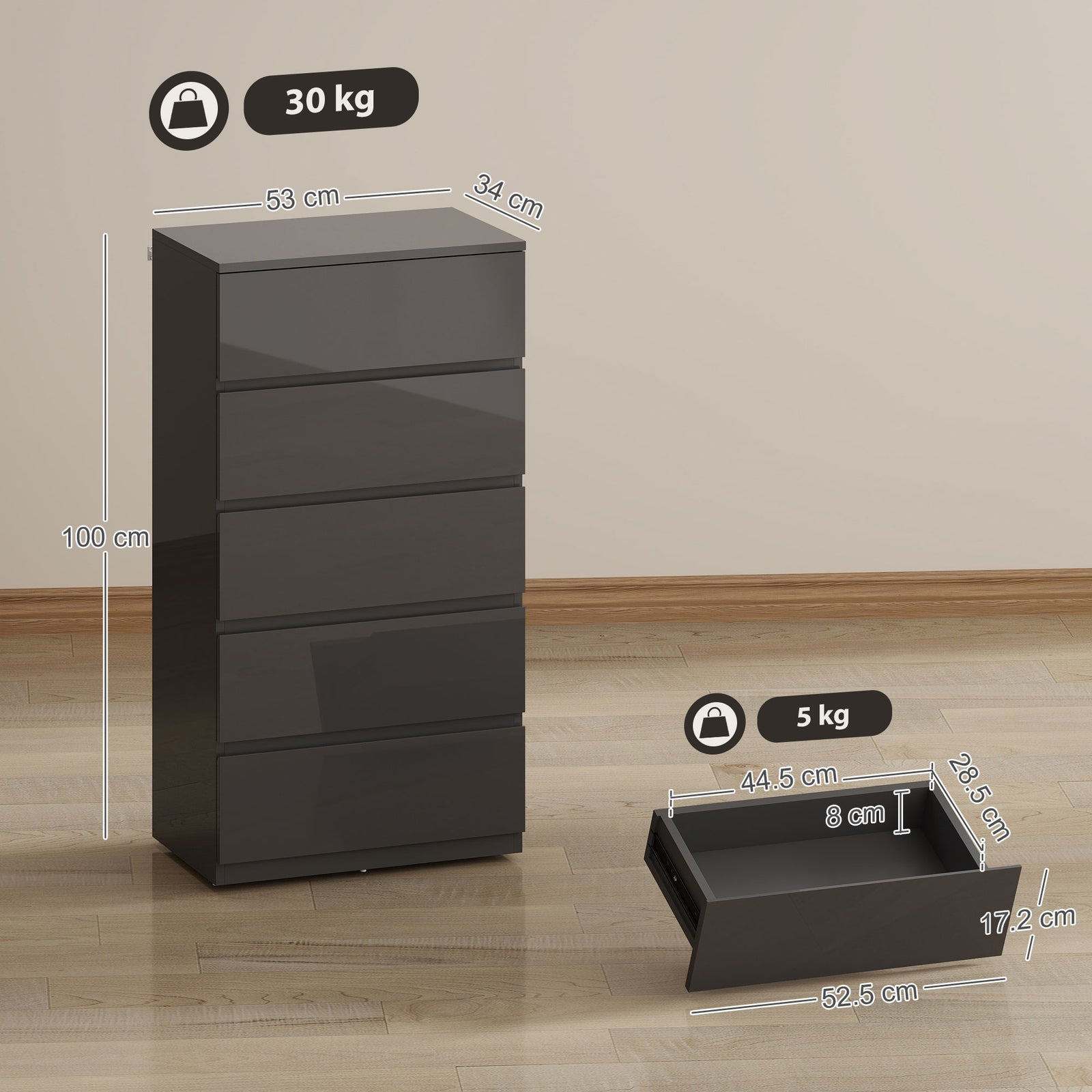 Chest of Drawers, 5-Drawer Storage Cabinets, Modern Dresser, Storage D