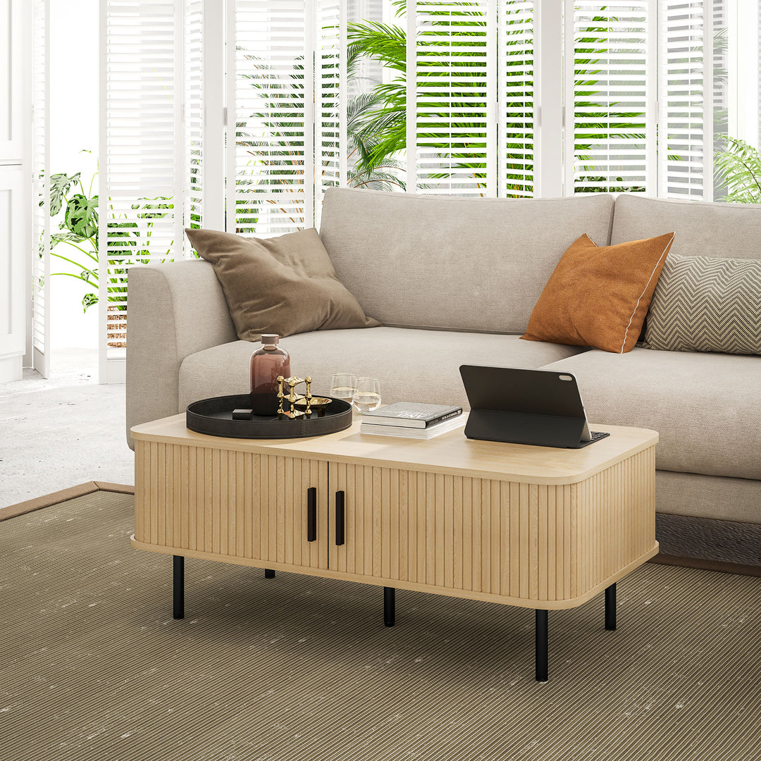Coffee Table with Storage, Living Room Table with Slatted Tambour Sliding Doors and Foot Pads, Rectangular Coffee Table with Elevated Base for Living Room, Oak
