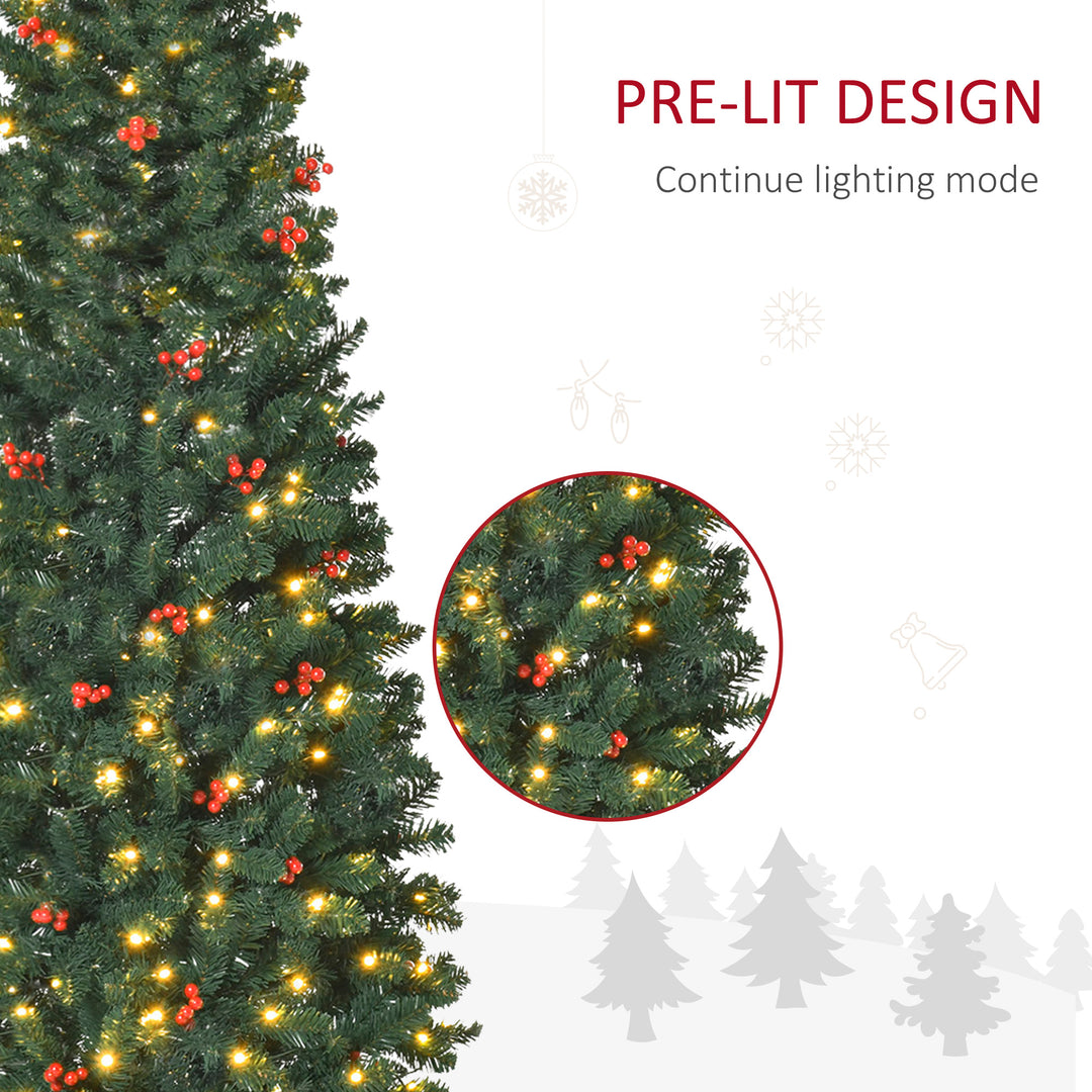 HOMCOM 6FT Prelit Artificial Pencil Christmas Tree with Warm White LED Light, Red Berry, Holiday Home Xmas Decoration, Green | Aosom UK