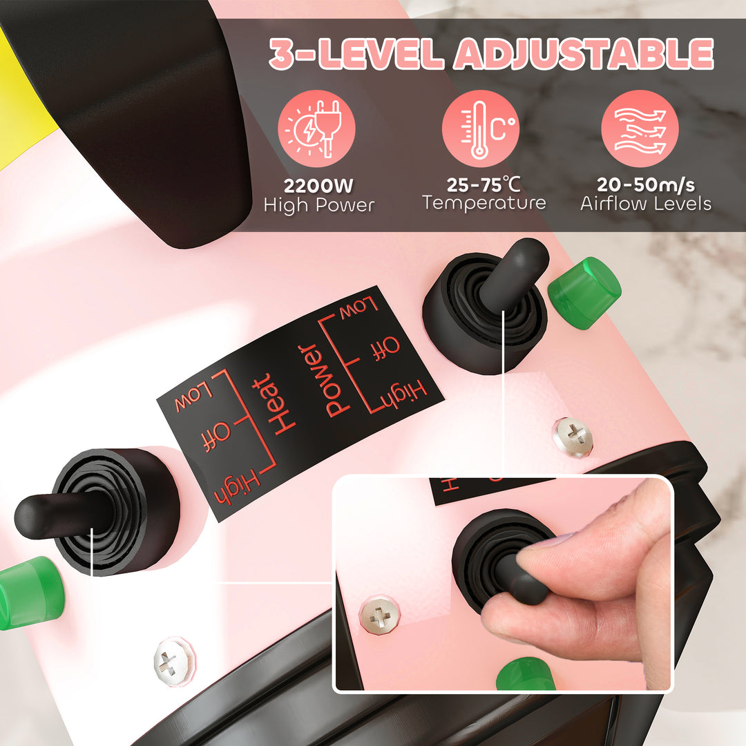 2200W Dog Hair Dryer with Adjustable Temperature & Velocity, 3 Different Nozzles, Pink