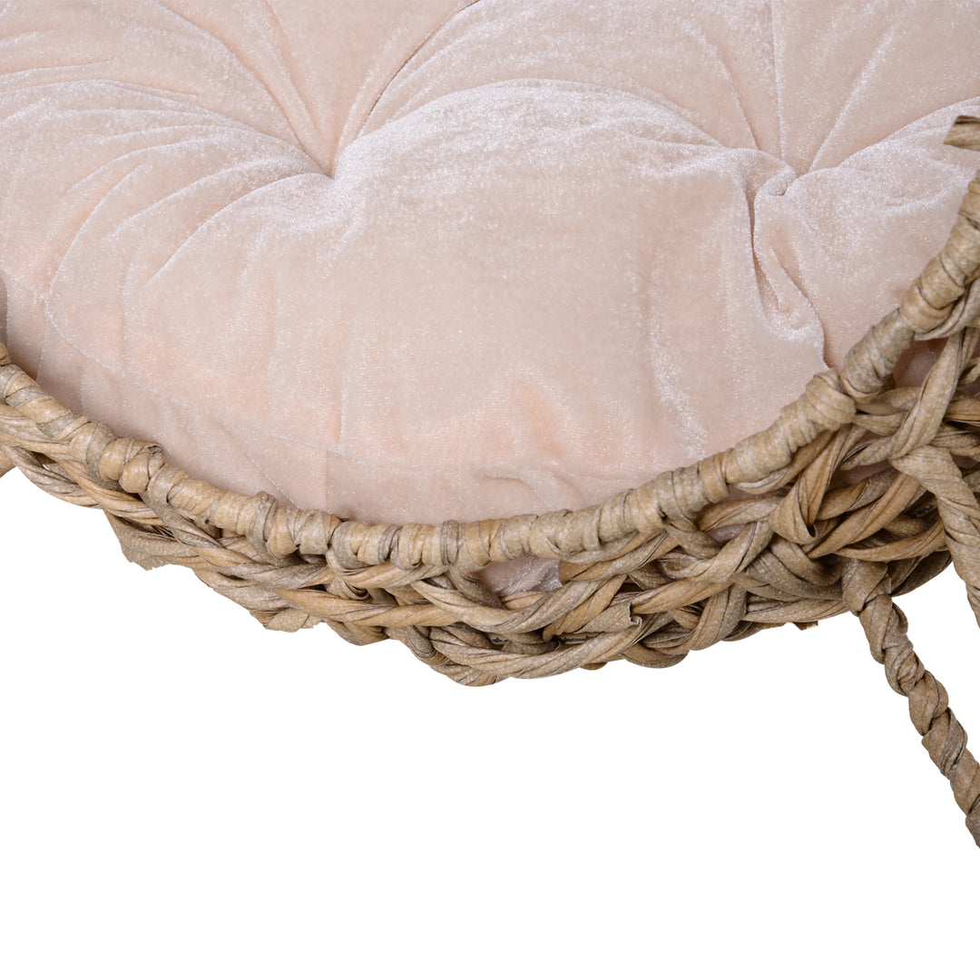 MCL Wicker Cat Bed, Ball-Shaped Rattan Elevated Cat Basket with Three Tripod Legs, Cushion - Natural Wood Finish
