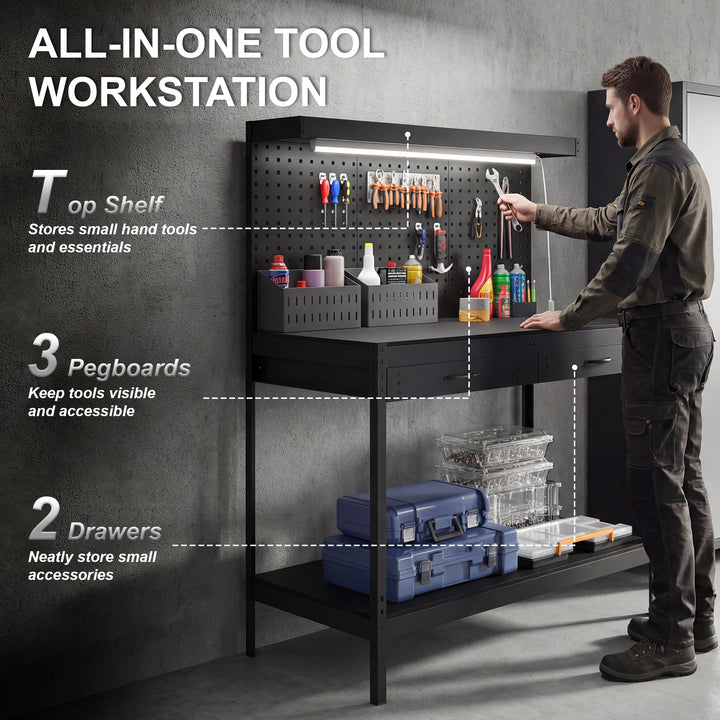 110 cm Workbench with Pegboard, Heavy Duty Work Table with Power Strip