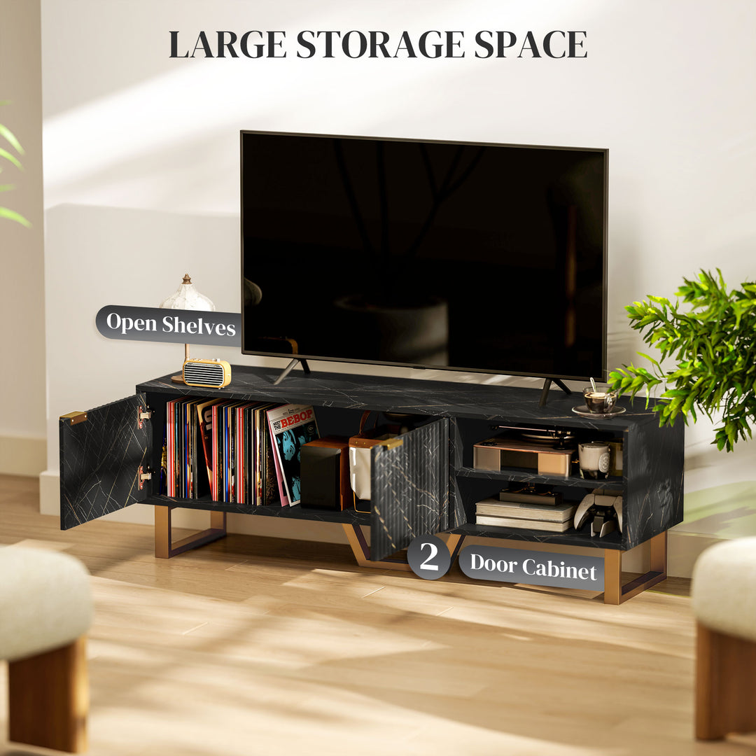 Marble Effect TV Unit, TV Stand Cabinet for up to 70" TVs, Modern TV Cabinet with Shelves and Storage Cupboard, Fluted Door, Extra Centre Leg, Cable Management for Living Room, Black