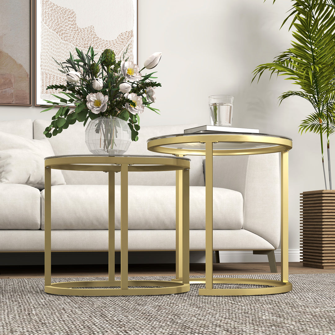 Modern Coffee Table Set of 2, Nest of Tables with Steel Frame and Tempered Glass Tabletop, Side Tables for Living Room Bedroom, Clear