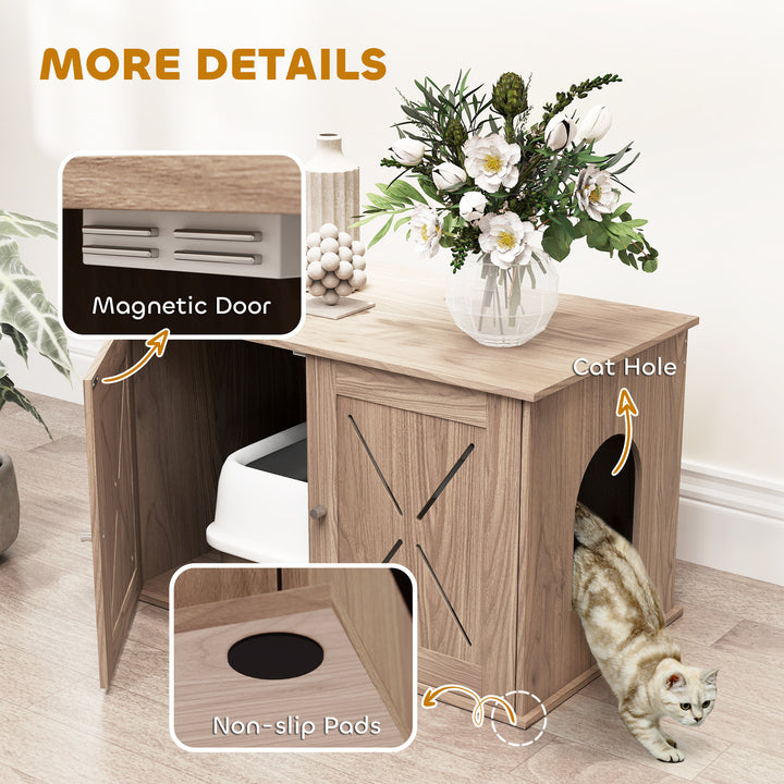 Cat Litter Box Enclosure with Double Doors and Side Entrance, Non-Slip Pads for Living Room, Walnut Brown