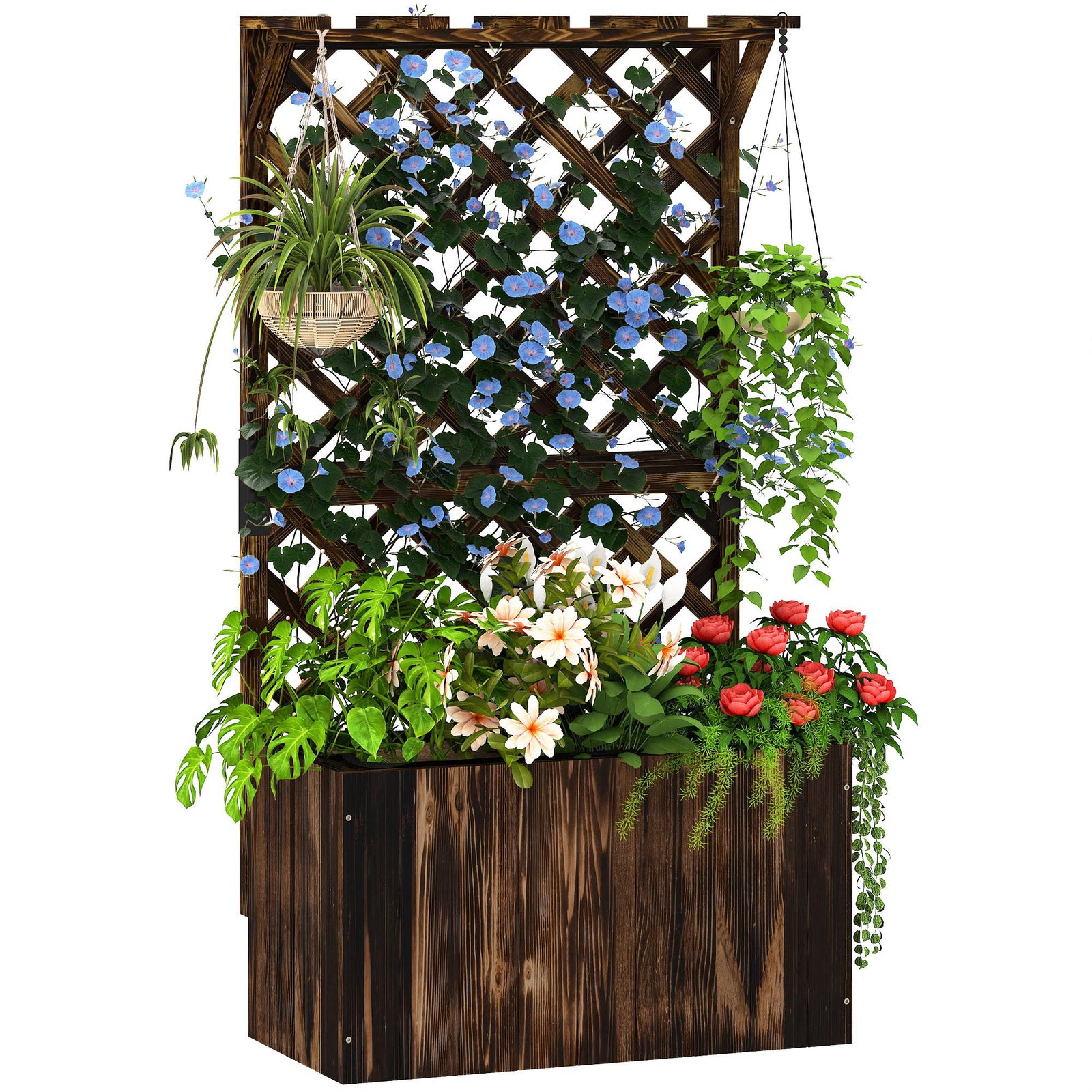 Wooden Planter with Trellis, Freestanding Raised Garden Bed with Drainage Holes, Outdoor Planter Box with Liner for Vegetables, Herbs and Flowers, Carbonised