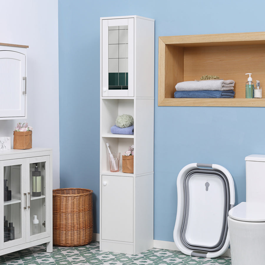Tall Bathroom Storage Cabinet with Mirror, Narrow Bathroom Unit, Freestanding Bathroom Cupboard with Adjustable Shelves and 2 Doors, White