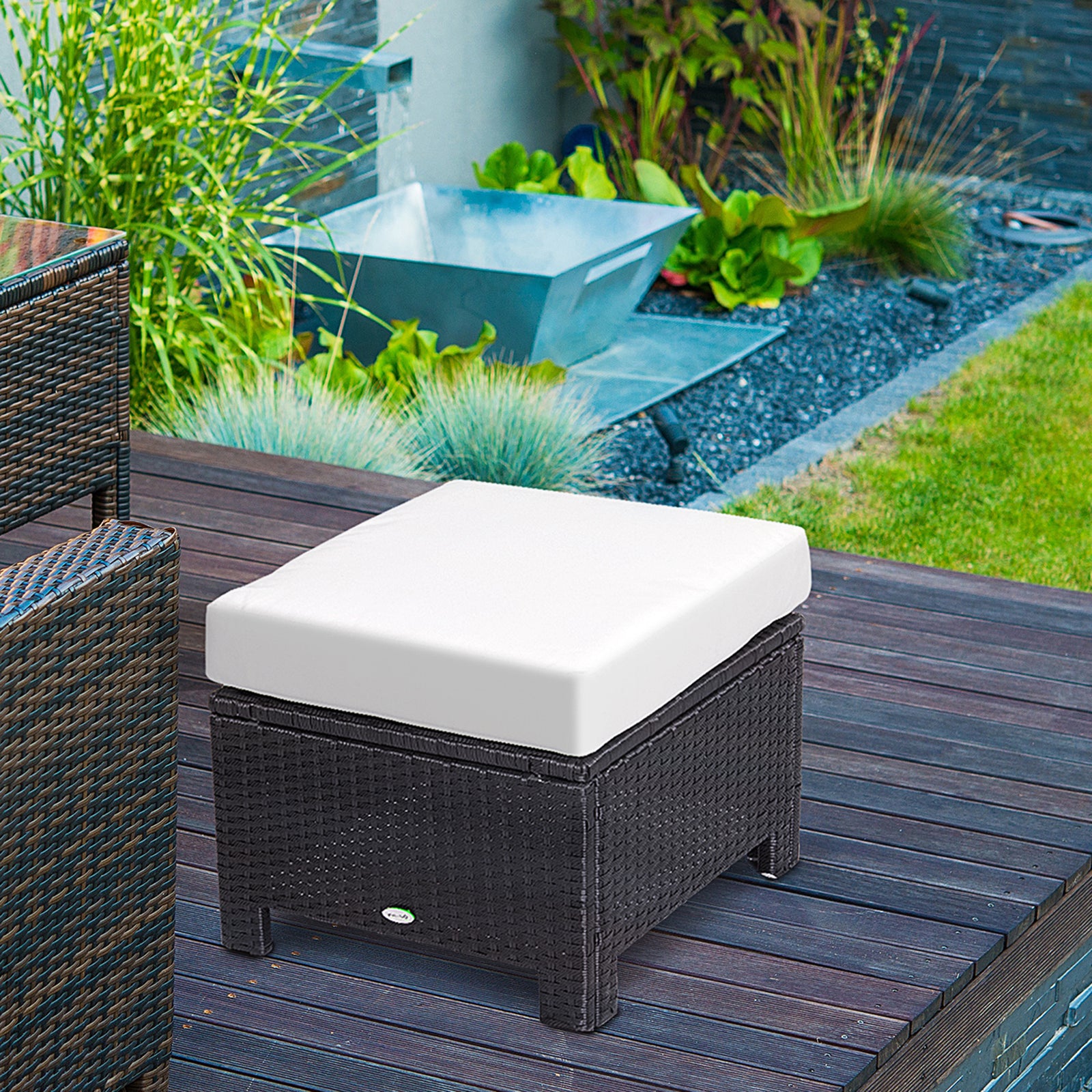 Rattan Footstool Wicker Ottoman with Padded Seat Cushion Outdoor Patio Furniture for Garden Poolside Living Room, 50 x 50 x 35 cm, Black