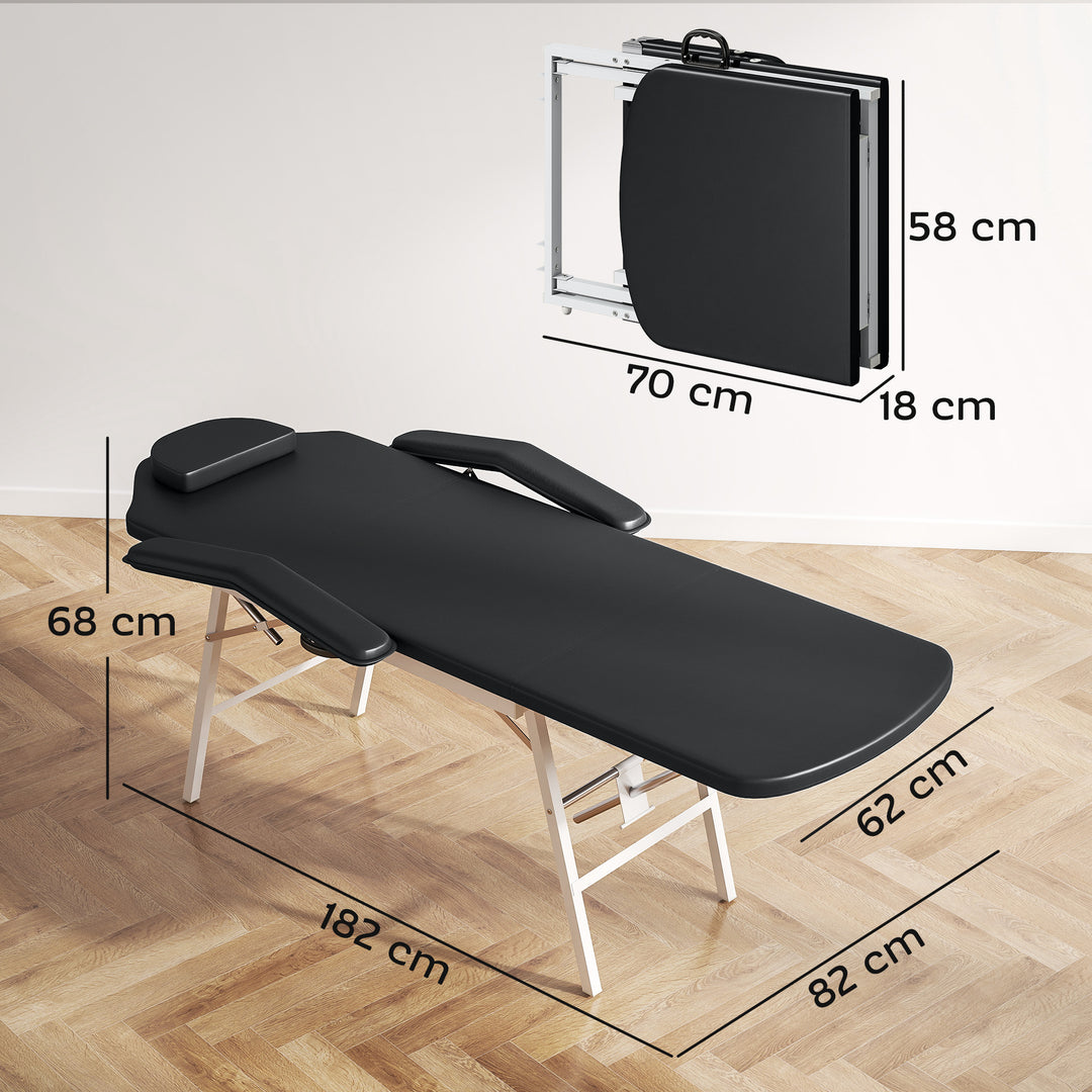 Portable Massage Table, 3 Section Adjustable Beauty Bed, Foldable Massage Bed with Face Hole, Recliner Chair with Removable Headrest and Armrests for Spa, Lash, Tattoo, Black