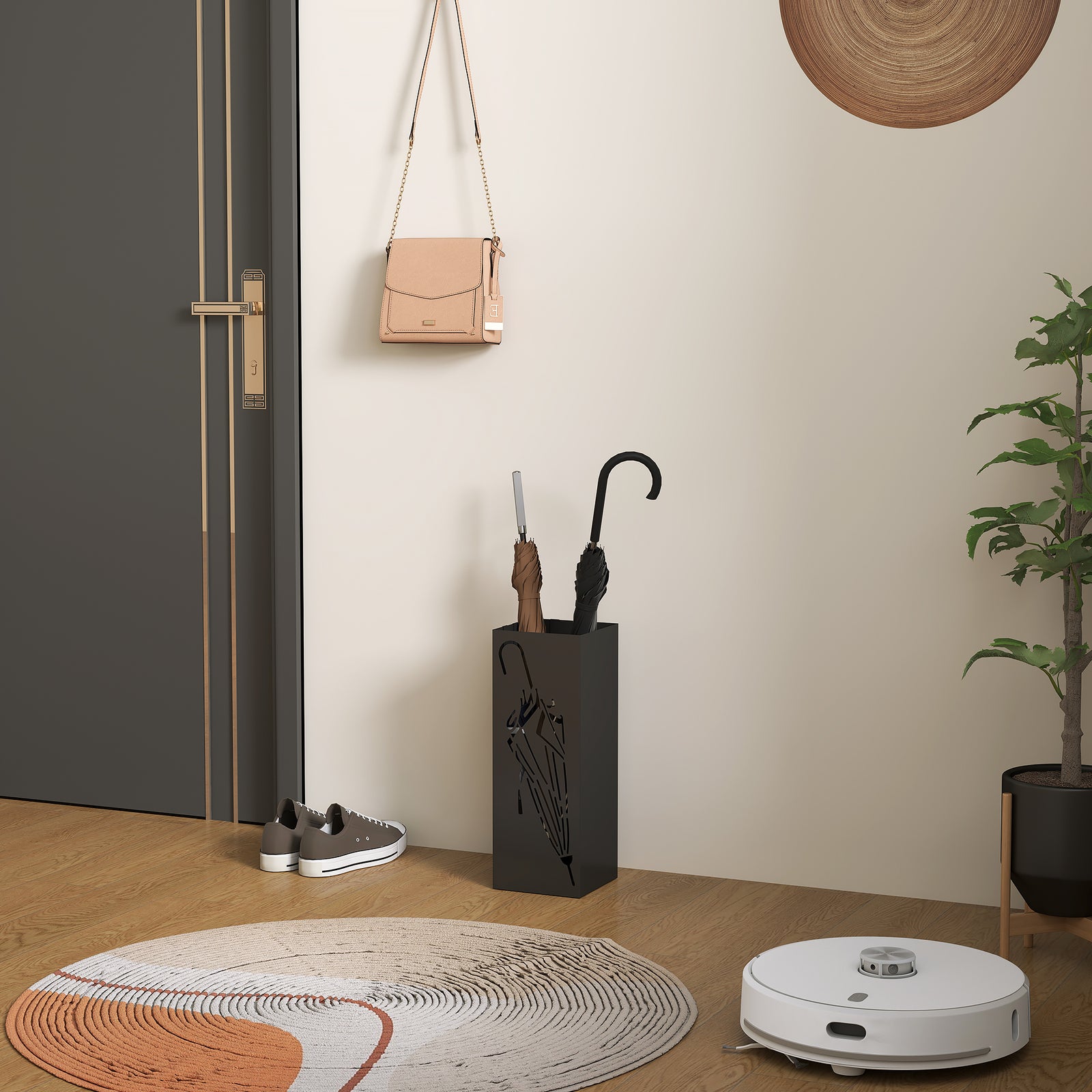 Metal Umbrella Stand, Square Umbrella Holder with 4 Hooks and Removable Drip Tray, Decorative Umbrella Storage Rack for Entryway, Hallway, 15.5 x 15.5 x 41 cm, Black