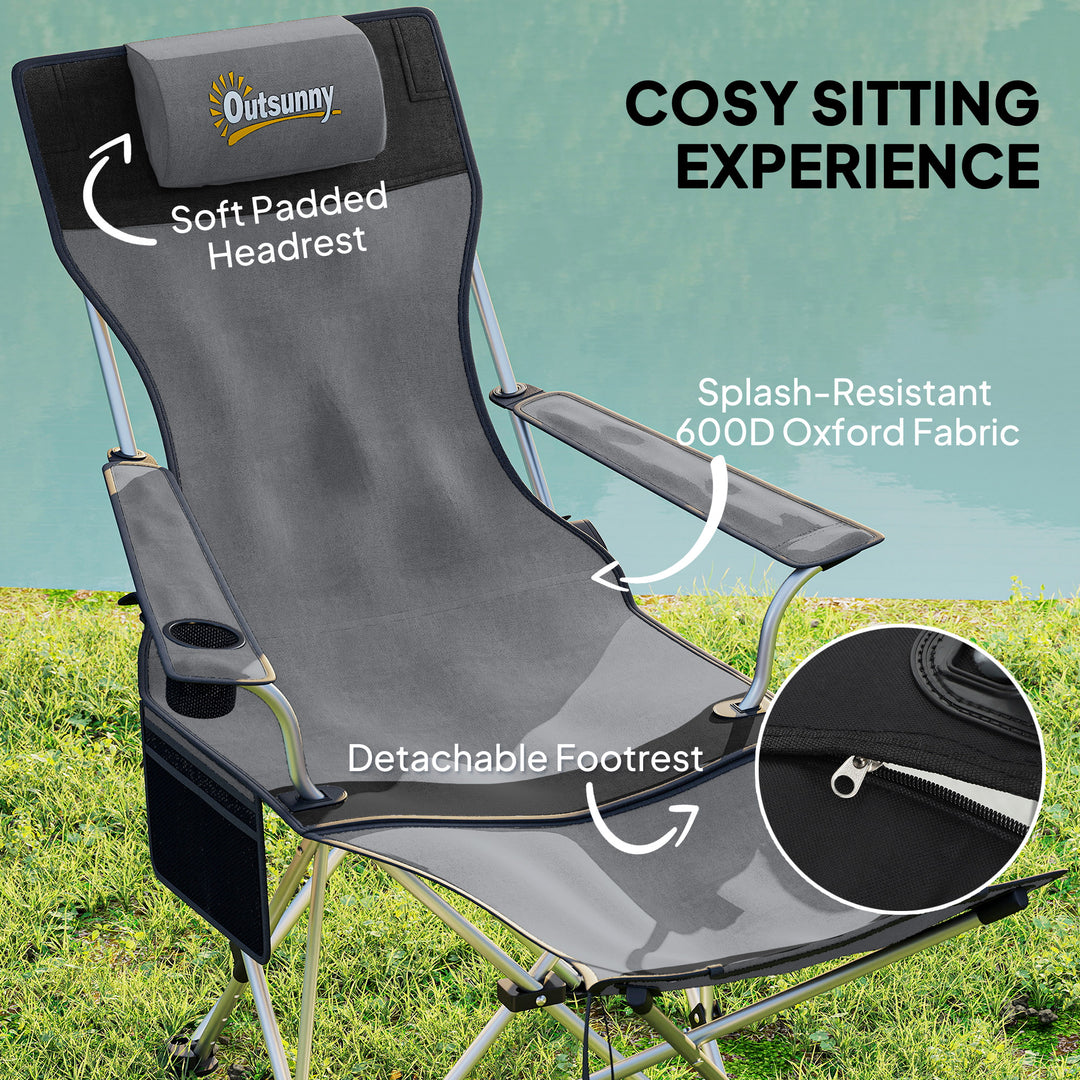 Set of 2 Reclining Folding Camping Chair w/ Detachable Footrest, Storage Bag, Cup Holder & Headrest, Lightweight Portable Camp Chair for Beach, Picnic, Grey and Black