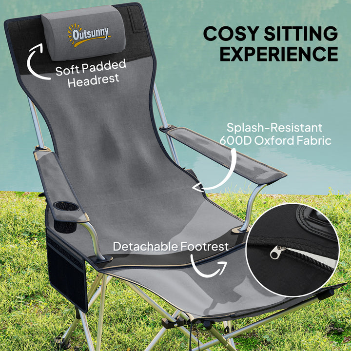 Set of 2 Reclining Folding Camping Chair w/ Detachable Footrest, Storage Bag, Cup Holder & Headrest, Lightweight Portable Camp Chair for Beach, Picnic, Grey and Black