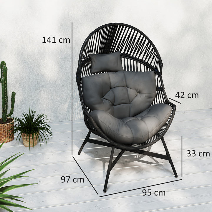 Rattan Egg Chair, Oversized Freestanding Garden Egg Chair with Thick Tufted Cushion, Headrest, Steel Frame for Indoor and Outdoor Use, Charcoal Grey