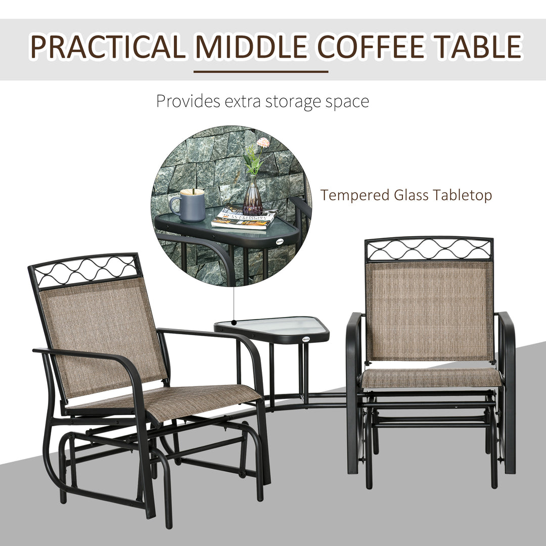 Double Outdoor Glider Chair, 2 Seater Patio Rocking Chairs, Swing Bench with Tempered Glass Table, Breathable Mesh Fabric for Backyard, Garden, Porch, Brown