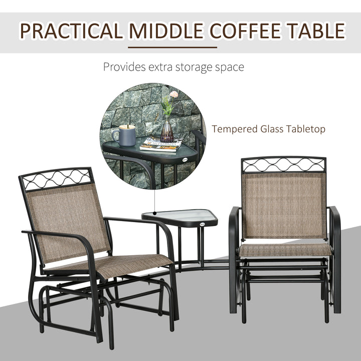 Double Outdoor Glider Chair, 2 Seater Patio Rocking Chairs, Swing Bench with Tempered Glass Table, Breathable Mesh Fabric for Backyard, Garden, Porch, Brown