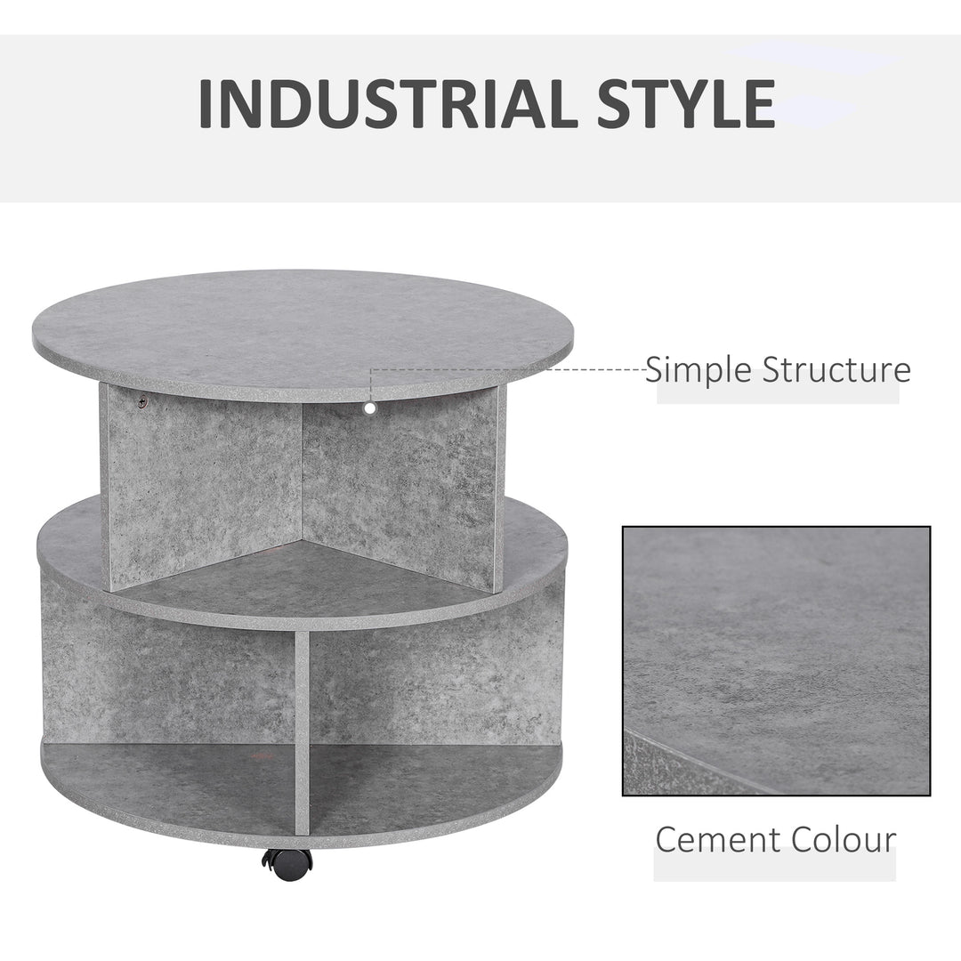 HOMCOM 2 Tier Round Side End Table Coffee Desk with Divided Shelves Tea Table Storage Unit Living Room Organiser with Wheels - Cement colour