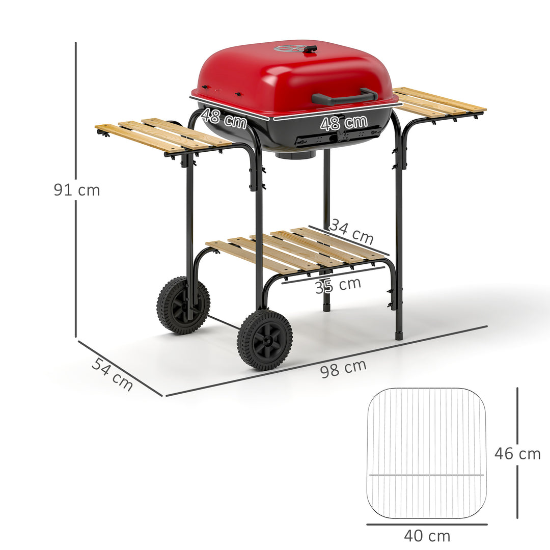 Charcoal Barbecue Grill Portable BBQ Grill with 1840 cm² Cooking Area, 3 Shelves, Adjustable Vent, Lockable Lid, Wheels for Outdoor Cooking, Garden Party, Red