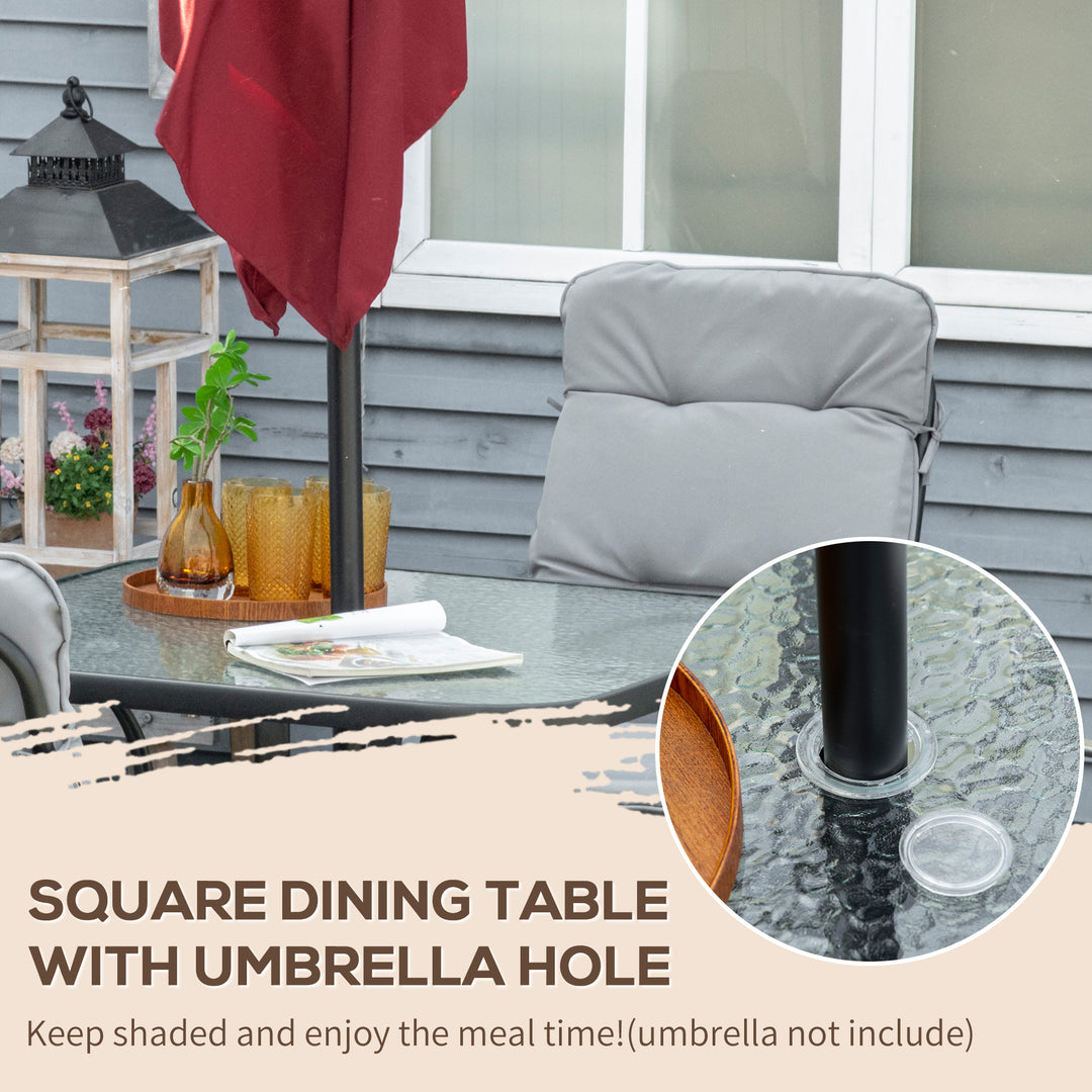 Outsunny 5 Pieces Garden Dining Set, Outdoor Square Dining Table and 4 Cushioned Armchairs, Tempered Glass Top Table w/ Umbrella Hole Black