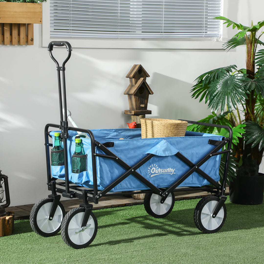 Outsunny Folding Garden Trolley Cart, Cargo Wagon Trailer for Beach & Outdoor Use, with Telescopic Handle, Blue | Aosom UK