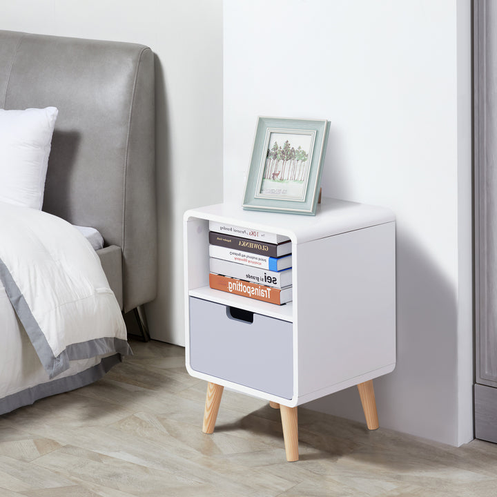 HOMCOM Bedside Cabinet in Scandinavian Design, Storage Nightstand with Drawer, White/Grey/Natural, 40Lx38Wx58H cm | Aosom UK