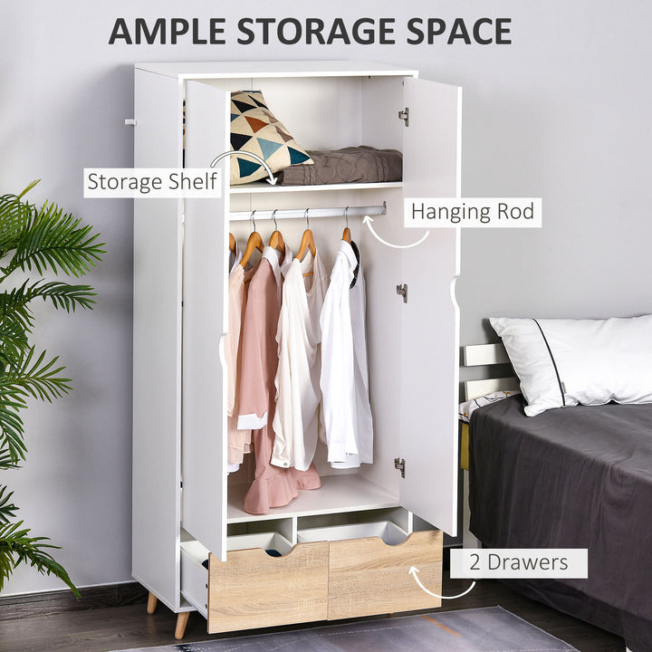 2-Door Clothes Wardrobe w/ Rail Shelf 2 Drawers Wood Feet Elegant Home Storage Organisation Furniture Dresses Coats Blankets Shoes White