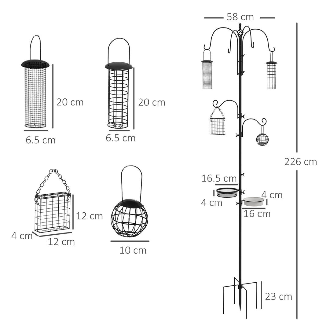 MCL Bird Feeding Station Kit, Wild Bird Feeder Pole with 6 Hooks, 4 Hanging Feeders for Peanuts, Seed, Fat Balls, for Garden, Outdoor, Black