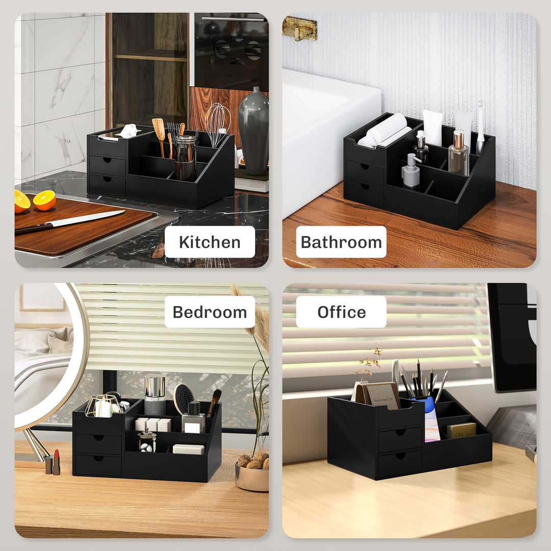 Desk Organiser Holder, Bamboo Multi-Function Storage Caddy with 7 Storage Compartments and 2 Drawers for Home Office Stationary Supplies, Black