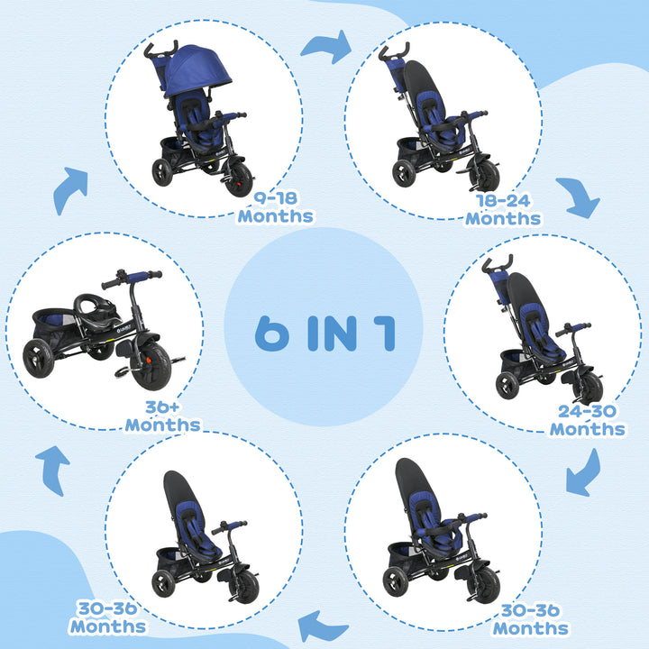 6 in 1 Kids Trike Push Bike with Push Handle, Canopy, 5-point Safety Belt, Storage, Footrest, Brake, for 1-5 Years, Dark Blue