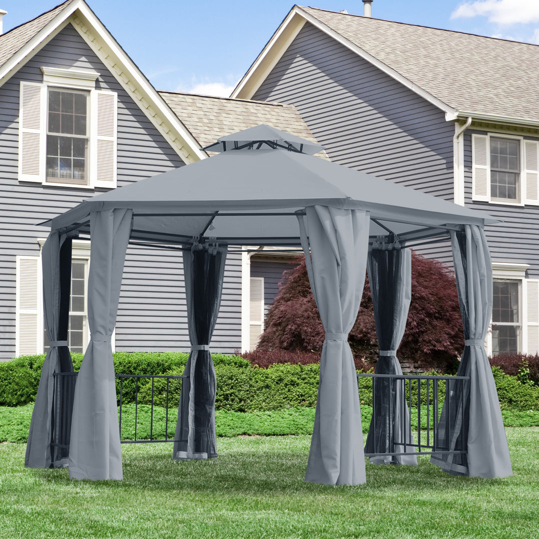 Outsunny Hexagon Gazebo Patio Canopy Party Tent Outdoor Garden Shelter w/ 2 Tier Roof & Side Panel - Grey | Aosom UK