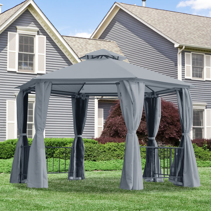Outsunny Hexagon Gazebo Patio Canopy Party Tent Outdoor Garden Shelter w/ 2 Tier Roof & Side Panel