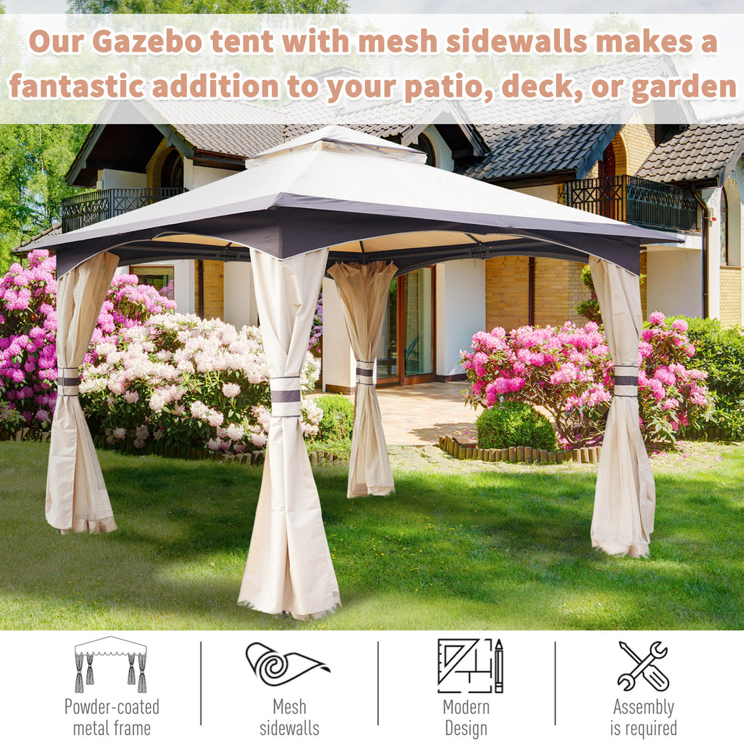 3.2 x 3.2m Garden Gazebo, Double Roof Outdoor Gazebo Canopy Shelter with Netting, Solid Steel Frame for Garden, Lawn, Backyard and Deck